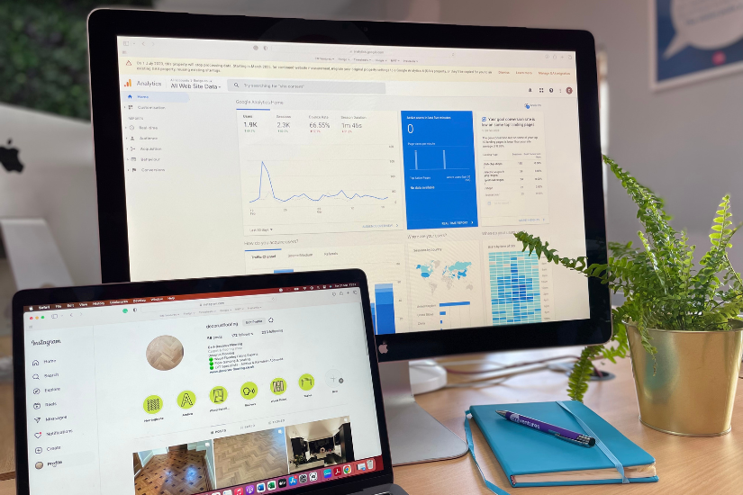 Image of 2 screens with Google Analytics and a companies social media page